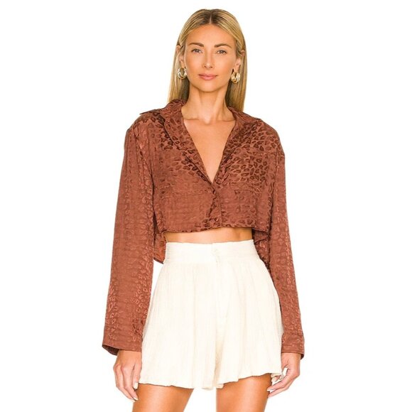 NWT Lover & Friends Revolve Brown Cheyanne Button Up Cheetah Crop Top Shirt XS - Picture 1 of 12